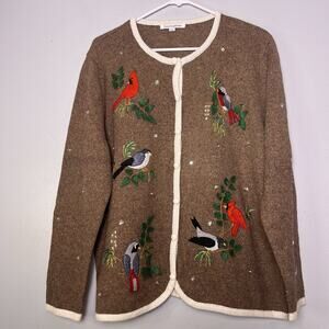 Vtg Mercer Street Studio Womens wool cardigan bird embroidery sequin Brown Sz XL
